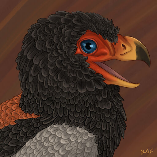 A stylised painting of the head and part of the upper body of an anthropomorphic bateleur eagle. The image is square.