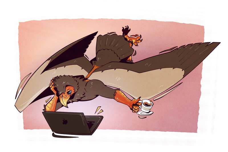 A drawing of an anthropomorphic bateleur eagle lying on its belly with a cup of tea in its left hand and a laptop in front of it.