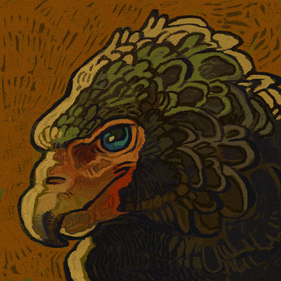 A headshot of an anthropomorphic bateleur eagle.