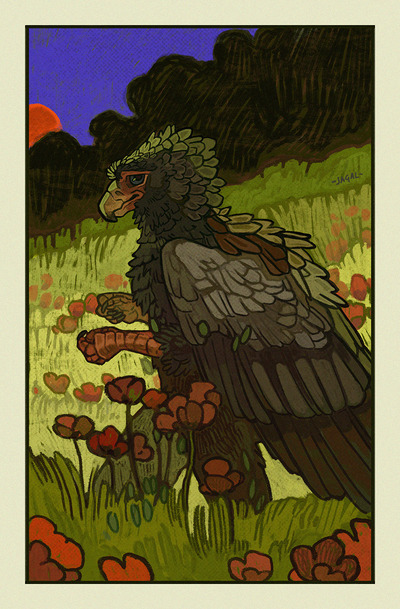 A half-body painting of an anthropomorphic bateleur eagle walking through a field.