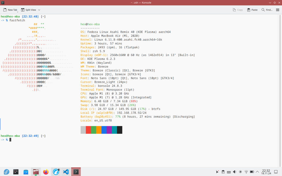 A screenshot showing a full-screened terminal window and the output of the program fastfetch. The output shows some information about the machine, such as the processor and its speed, OS etc.