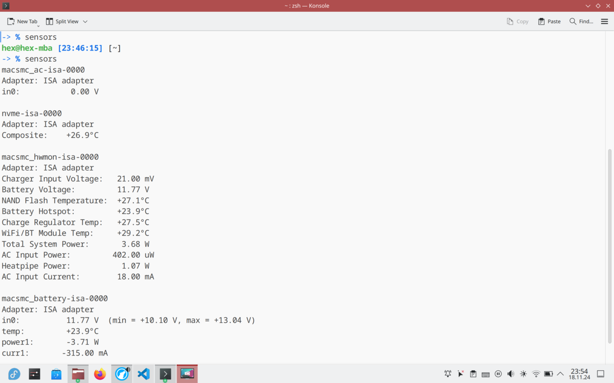 A screenshot showing a terminal window and the output of the sensors command. It is showing temperatures, voltages and a wattage.