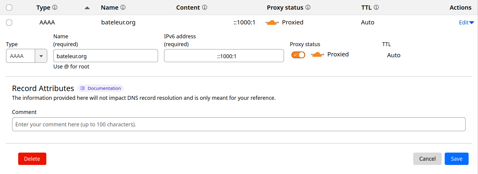 A screenshot from Cloudflare’s website showing a single AAAA record set for the domain bateleur.org