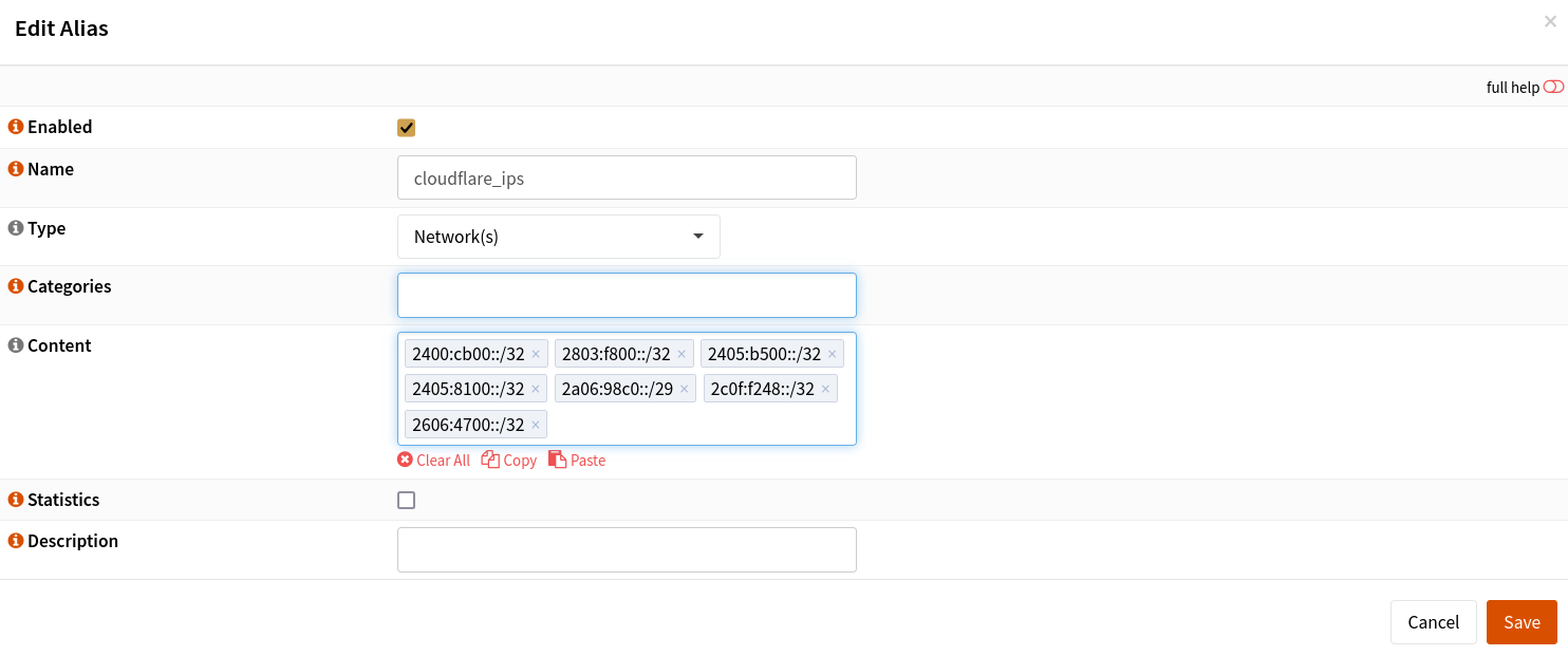 A screenshot showing a firewall alias containing all of Cloudflare’s IPv6 subnets